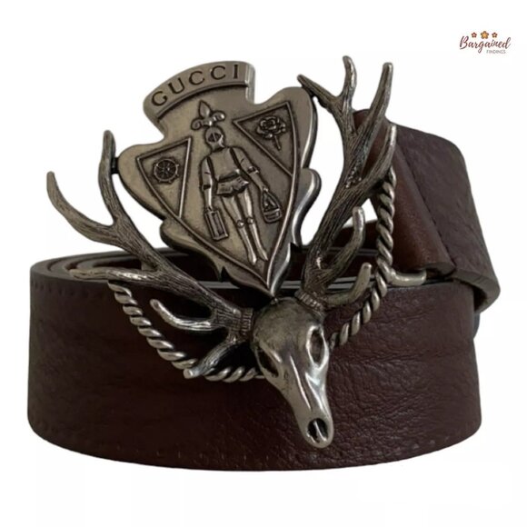 Authentic Gucci Brown Calfskin Leather Silver Antler Crest Buckle Belt 95/38 - Picture 1 of 13